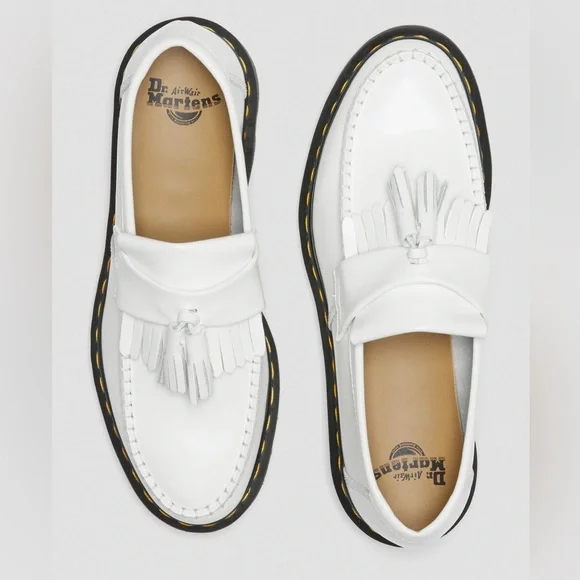 DR MARTENS ADRIAN YELLOW STITCH LEATHER TASSEL LOAFERS WHITE SMOOTH LEATHER - Picture 1 of 8